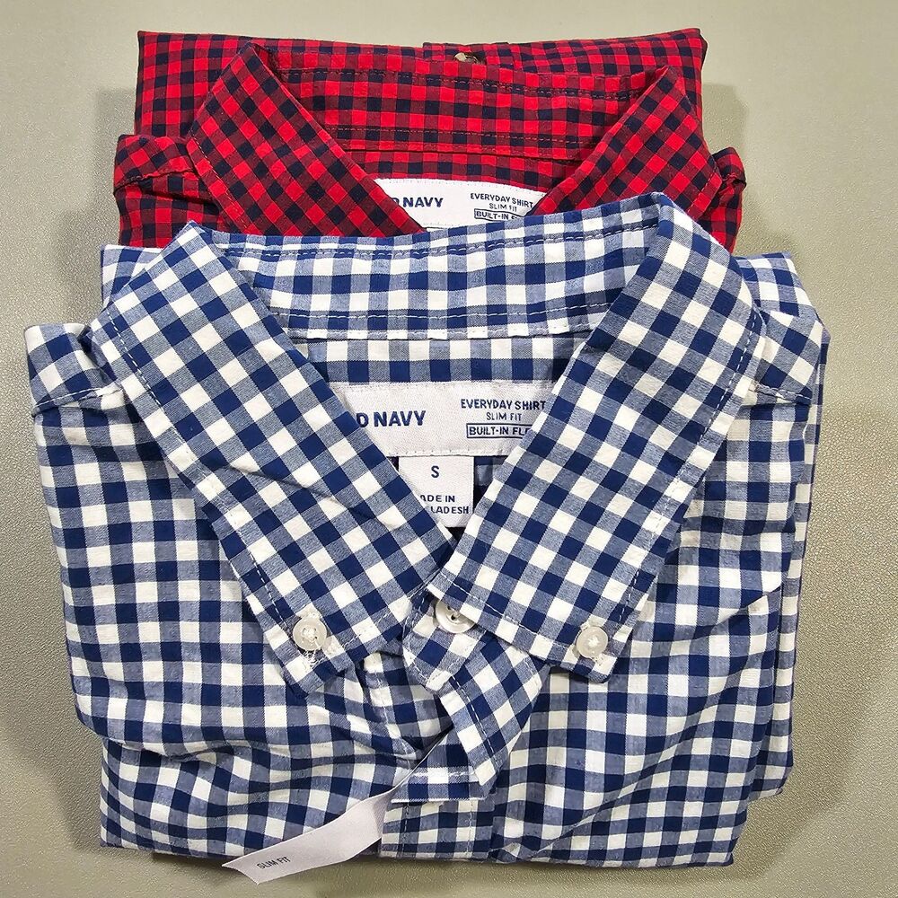 Mens Old Navy Button Up Shirt Bundle Size Small Blue Red Long Sleeve Slim Fit
